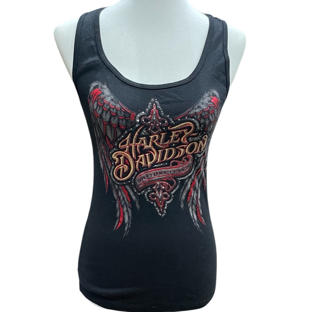 Harley-Davidson Black Tank Top with Red and Gold Wing Graphic
